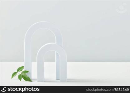 Cosmetic art deco arch display in pastel color for product presentation. Fashion geometric arch backdrop for product presentation and green leaves on white background. Abstract minimal template podium. Modern scene mockup cosmetics showcase