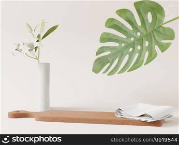 Cosmetic background and  for product presentation and Monstera ,flower .  for fashion magazine .3d rendering