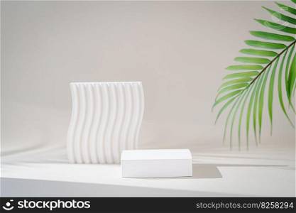 Cosmetic background for product presentation. White empty plaster podium with palm leaves and shadows on biege background. Background for product presentation.