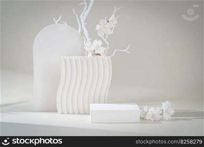 Cosmetic background for product presentation. White empty plaster podium with shadows on biege background. Background for product presentation.