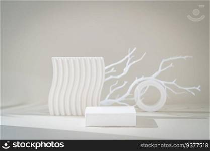 Cosmetic background for product presentation. White empty plaster podium with shadows on biege background. Background for product presentation.