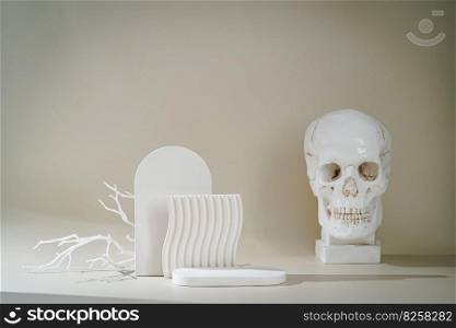 Cosmetic background for product presentation. White empty plaster podium with skull and shadows on gray background. Background for product presentation.