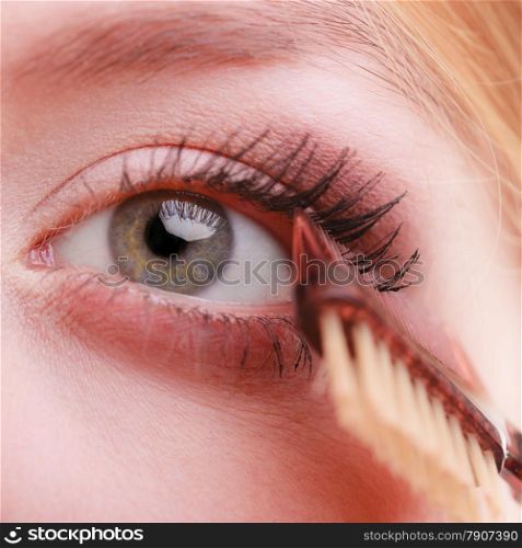 Cosmetic beauty procedures and makeover concept. Closeup part of woman face eye makeup detail. Using comb to separate lashes after applying mascara, long eyelashes.