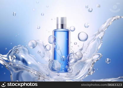 Cosmetic bottle with essence, blue bubbles molecules in the background. Beauty product mock up