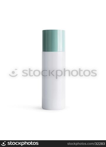 Cosmetic bottles on green cover isolated on white background. Cosmetic bottles isolated on white background