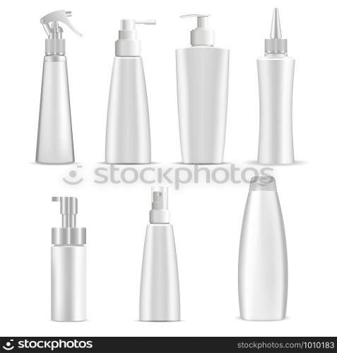 Cosmetic Bottles. White Plastic Package 3d Design. Vector Container blank for Lotion, Shampoo, Cream Beauty Care. Dispenser Pump, Spray Set. Realistic Spa Jar Isolated on Background. medical Bottle. Cosmetic Bottles. White Plastic Package 3d Design