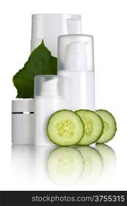 Cosmetic bottles with cucumber slices and leaf on white background