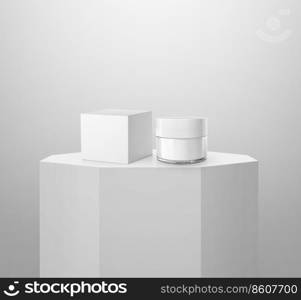 Cosmetic jar with packaging box mockup on Shiny white round pedestal podium