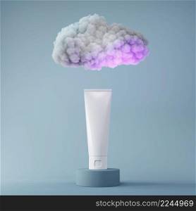 Cosmetic moisturizer skincare beauty packaging product with cotton fluffy cloud for hydration skin 3D rendering illustration