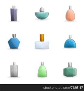 Cosmetic perfume bottle icon set. Cartoon set of 9 cosmetic perfume bottle vector icons for web design isolated on white background. Cosmetic perfume bottle icon set, cartoon style
