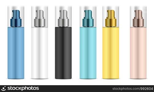 Cosmetic plastic bottle with dispenser pump. Vector illustration. Liquid container for gel, lotion, cream, shampoo, bath foam. Beauty product package.. Cosmetic plastic bottle dispenser pump. Vector