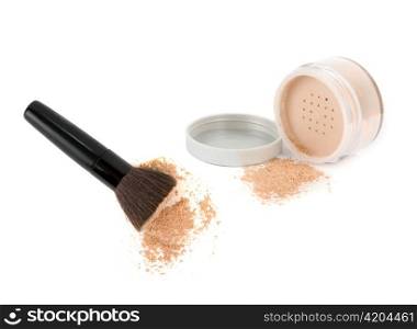 Cosmetic powder and black brush isolated