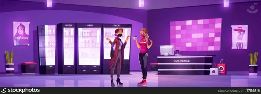 Cosmetic shop interior with woman and seller in medical face masks. Vector cartoon illustration of beauty store with makeup and skincare products, cashbox on counter, female customer and assistant. Woman and seller in face masks in cosmetic shop