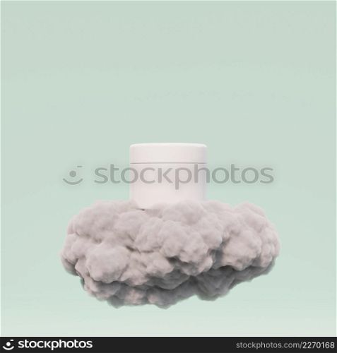 Cosmetic skincare beauty packaging cream jar product on cotton fluffy cloud 3D rendering illustration
