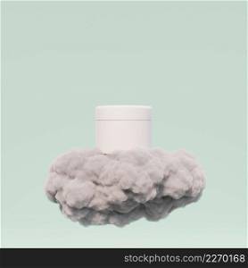 Cosmetic skincare beauty packaging cream jar product on cotton fluffy cloud 3D rendering illustration