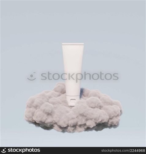 Cosmetic skincare beauty packaging product on cotton fluffy cloud 3D rendering illustration