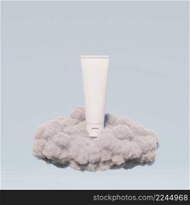 Cosmetic skincare beauty packaging product on cotton fluffy cloud 3D rendering illustration