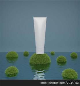 Cosmetic skincare beauty packaging product selective focus on fresh greenery spherical grass ball and water surface 3D rendering illustration