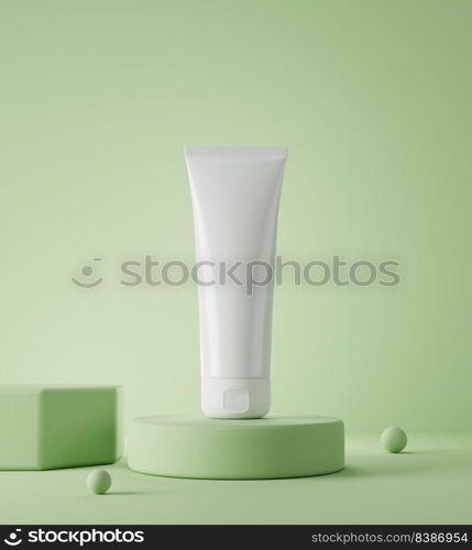 Cosmetic skincare beauty packaging product tube on green display platform with decoration ball 3D rendering illustration
