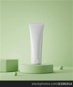 Cosmetic skincare beauty packaging product tube on green display platform with decoration ball 3D rendering illustration