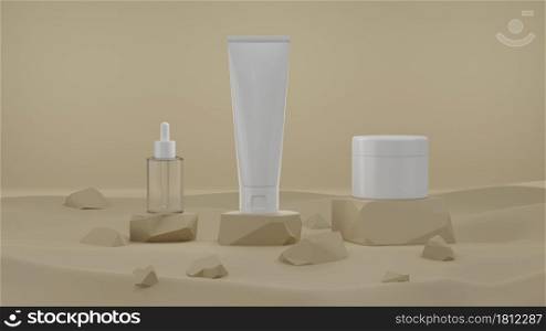 Cosmetic skincare beauty packaging products on summer desert stone 3D rendering illustration