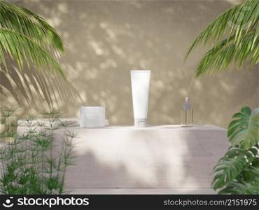 Cosmetic skincare beauty packaging products selective focus on summer desert stone with fresh tree plants and shadow 3D rendering illustration
