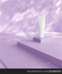 Cosmetic skincare beauty packaging∏uct tube on step purp≤platform with shadow from sunlight 3D rendering illustration