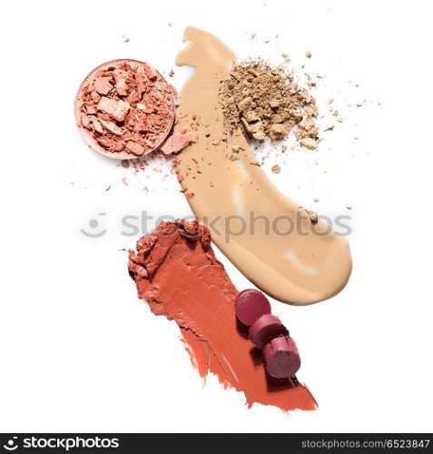 Cosmetic swatch.. Creative concept photo of cosmetics swatches on white background.