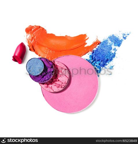 Cosmetic swatch.. Creative concept photo of cosmetics swatches on white background.