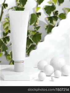 Cosmetic tube natural skincare package on white theme, 3D illustration
