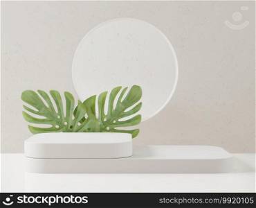 Cosmetic white podium for product presentation and Monstera.  for fashion magazine illustration. 3d render illustration