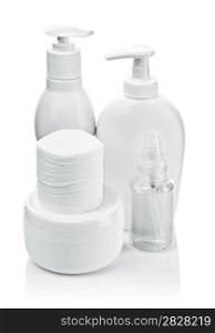 cosmetical bottles and pads with cream and deodorant
