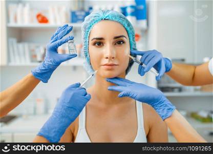 Cosmetician hands with syringe of botox and female patient. Rejuvenation procedure in beautician salon. Doctor and woman, cosmetic surgery against wrinkles and aging