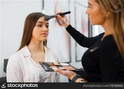 Cosmetician with brush and woman, client in cosmetics store. Luxury beauty shop salon, female customer and beautician in fashion market. Cosmetician with brush and woman, cosmetics store
