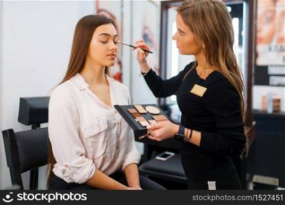 Cosmetician with brush and woman in cosmetics store. Luxury beauty shop salon, female customer and beautician in fashion market. Cosmetician with brush and woman, cosmetics store