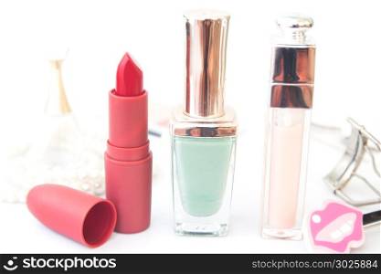 Cosmetics and beauty products on white tables, Close up shot