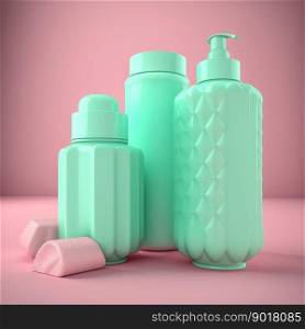 Cosmetics bottles mockup. Empty green bottles on the pink background. Generative AI