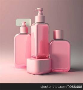 Cosmetics bottles mockup. Empty pink bottles on the pink background. Generative AI