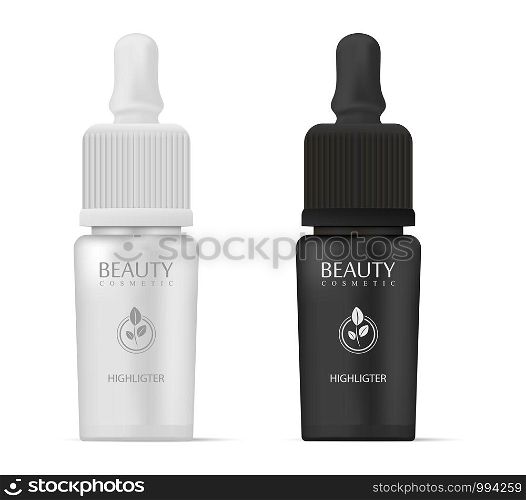 Cosmetics highligter bottles with dropper in black and white colors. Realistic mockup vector illustration. Can be used in medical and health care products.. Cosmetics highligter bottles with dropper