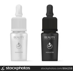 Cosmetics highligter bottles with dropper in black and white colors. Realistic mockup vector illustration. Can be used in medical and health care products.. Cosmetics highligter bottles with dropper