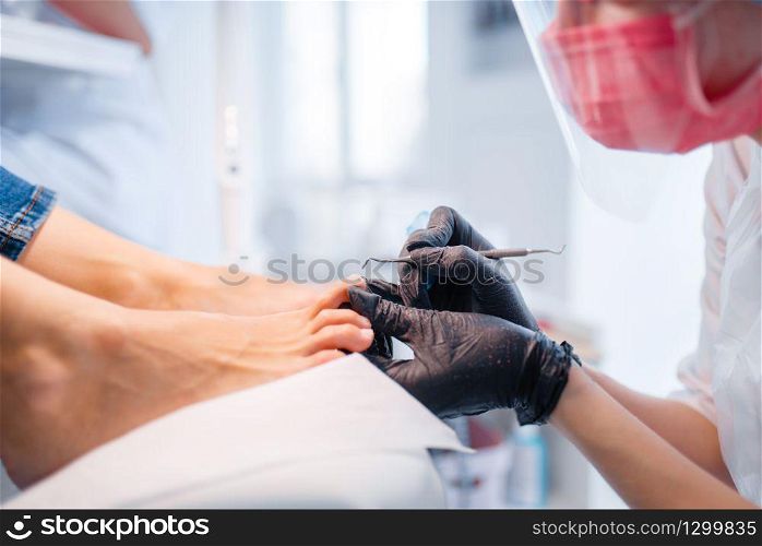 Cosmetologist salon, pedicure, polish procedure. Nail care treatment for female client in beauty shop, doctor in gloves works with customer toenails. Cosmetologist salon, pedicure, polish procedure