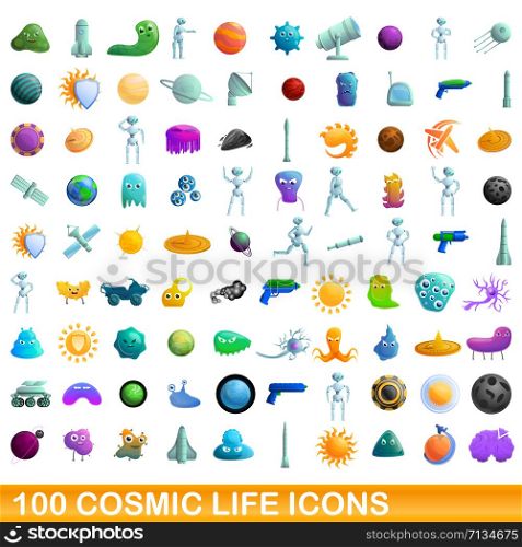 Cosmic Life icons set. Cartoon set of 100 cosmic life vector icons for web isolated on white background. Cosmic Life icons set, cartoon style