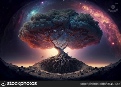 Cosmic nebula growing gigantic tree growing on asteroid. Illustration Generative AI 