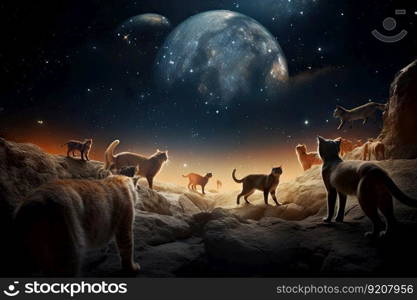 cosmic zoo, with a herd of felines walking among the stars, created with generative ai. cosmic zoo, with a herd of felines walking among the stars