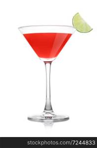 Cosmopolitan cocktail in classic crystal glass with lime slice on white background.