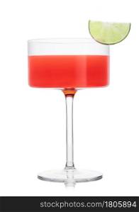 Cosmopolitan cocktail in modern crystal glass with lime slice on white background.