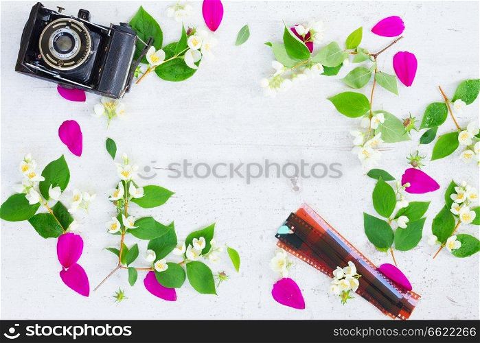 Cosmos and jasmine flowers with retro camera flat lay scene with copy space. Old camera and flowers