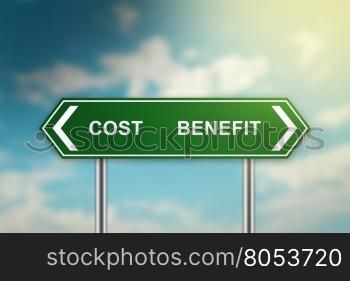 cost and benefit on green road sign with blurred blue sky, dark and bright side concept
