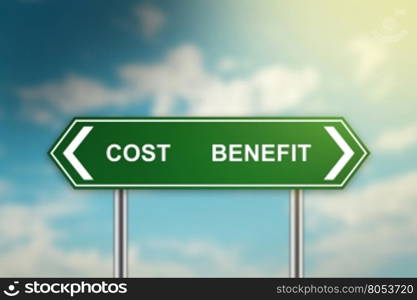 cost and benefit on green road sign with blurred blue sky, dark and bright side concept