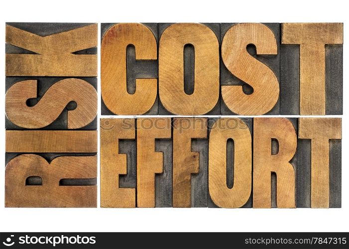 cost, effort, risk - business concept - a collage of isolated words in vintage wood letterpress printing blocks
